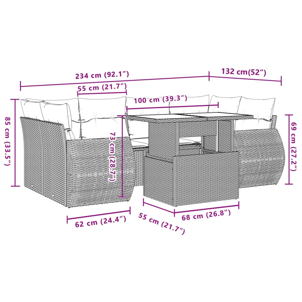 7-delige Loungeset met kussens poly rattan lichtgrijs