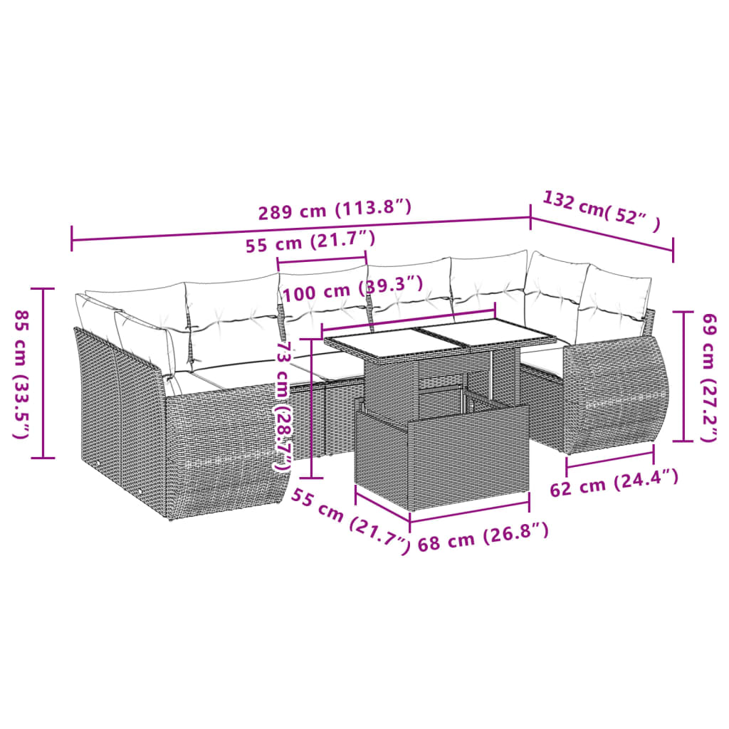 8-delige Loungeset met kussens poly rattan bruin