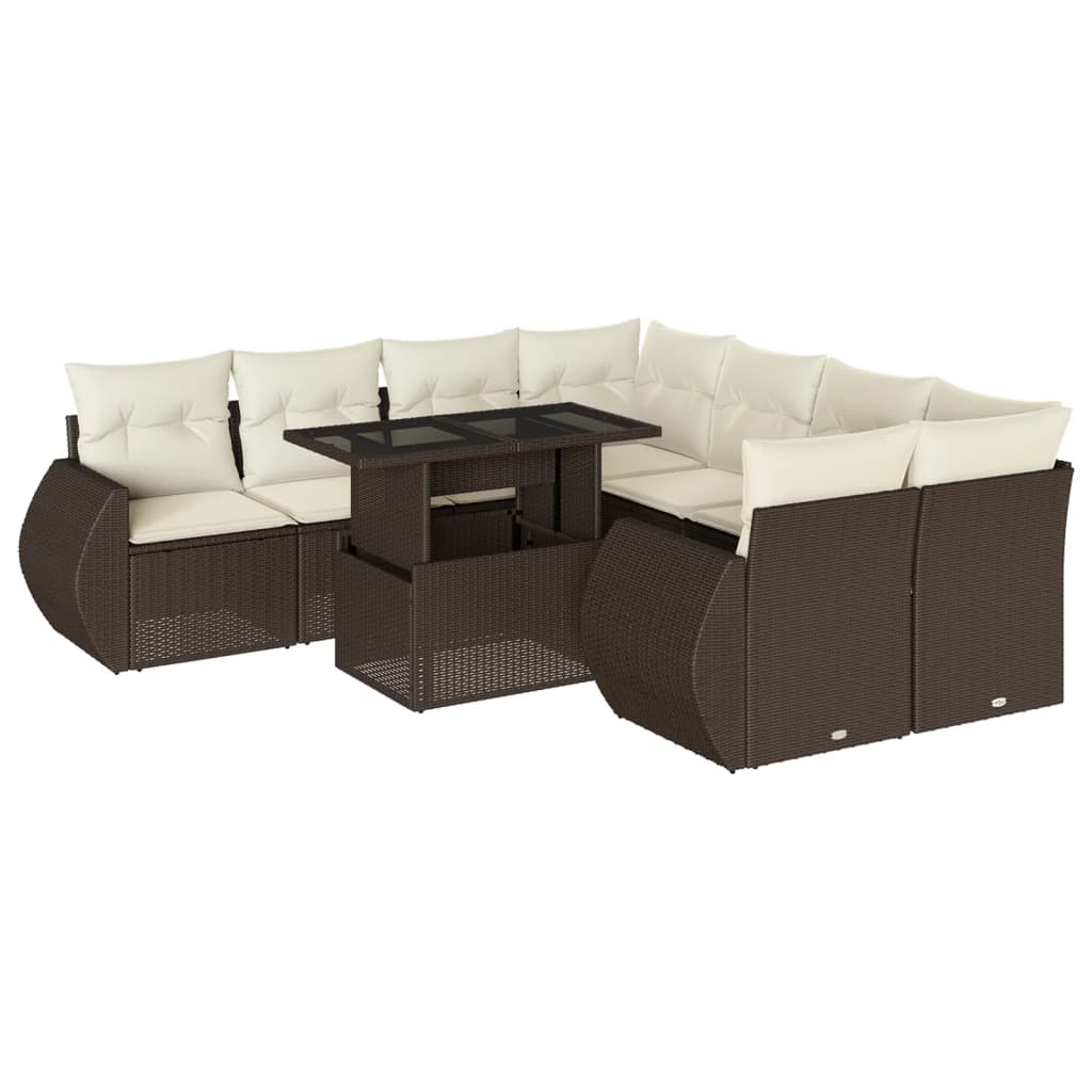 9-delige Loungeset met kussens poly rattan bruin