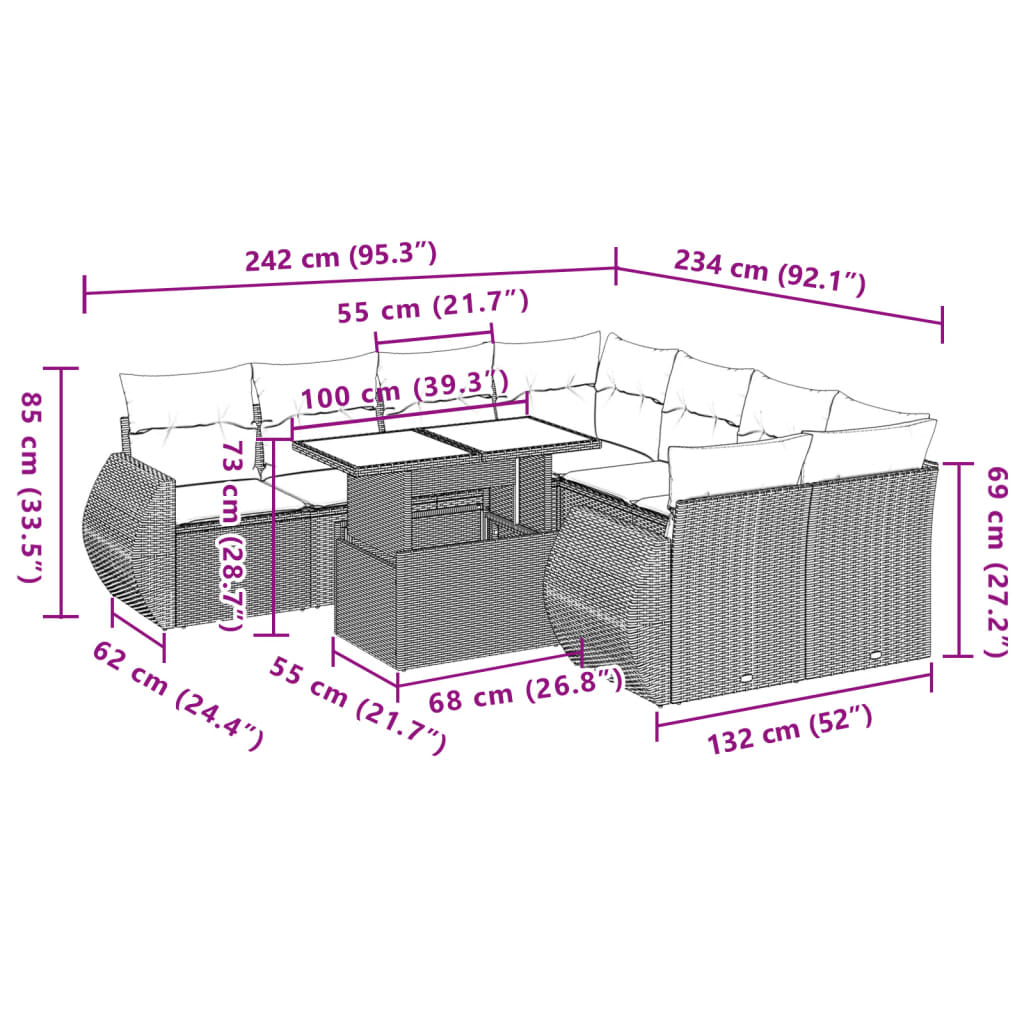 9-delige Loungeset met kussens poly rattan bruin