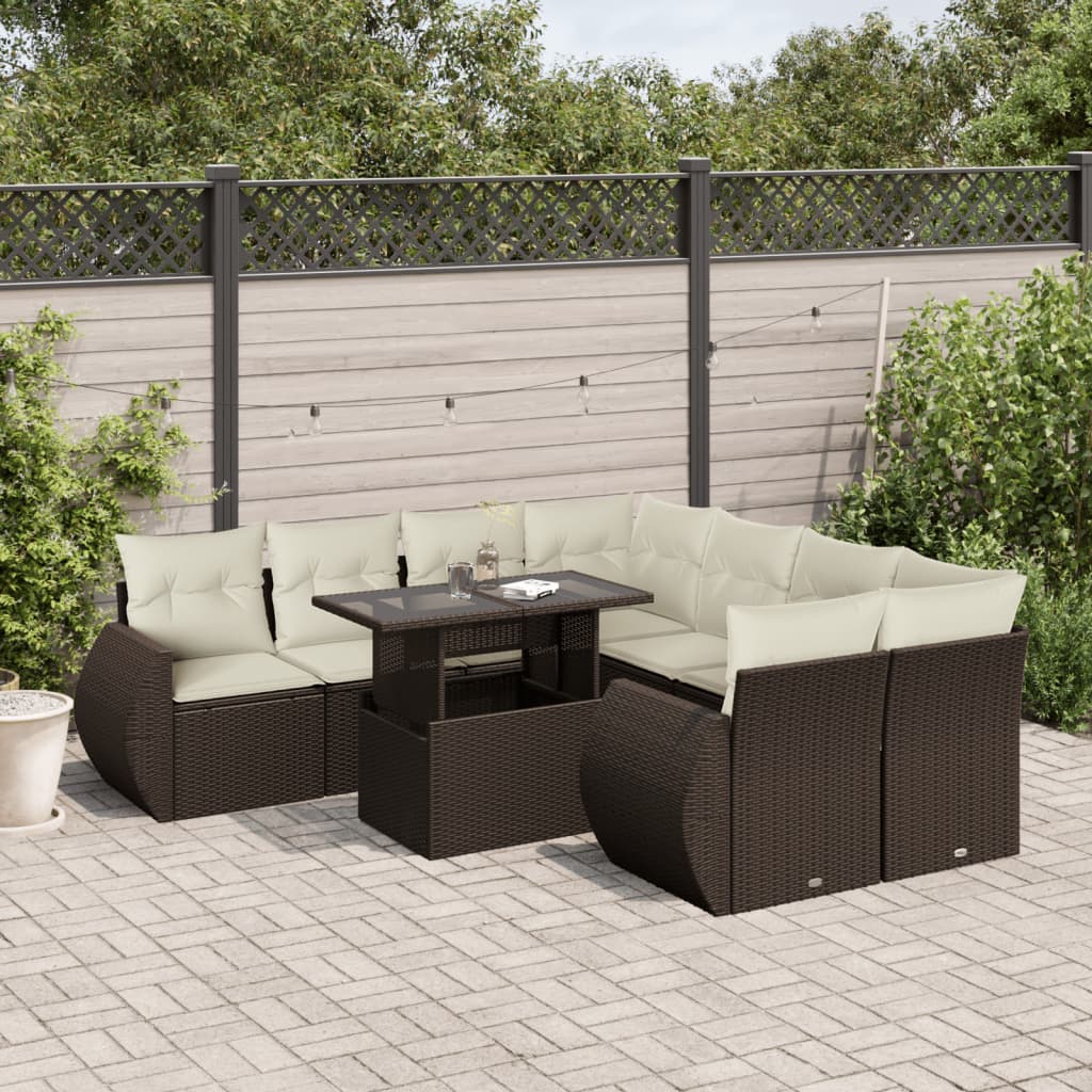 9-delige Loungeset met kussens poly rattan bruin