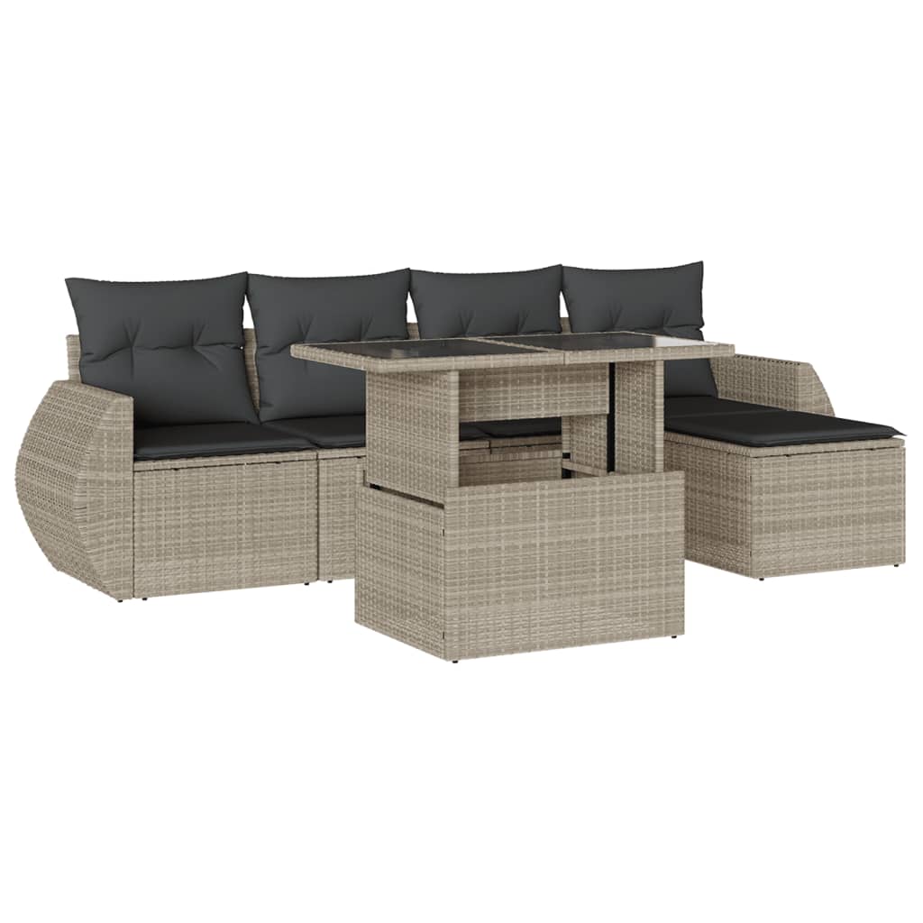 6-delige Loungeset met kussens poly rattan lichtgrijs