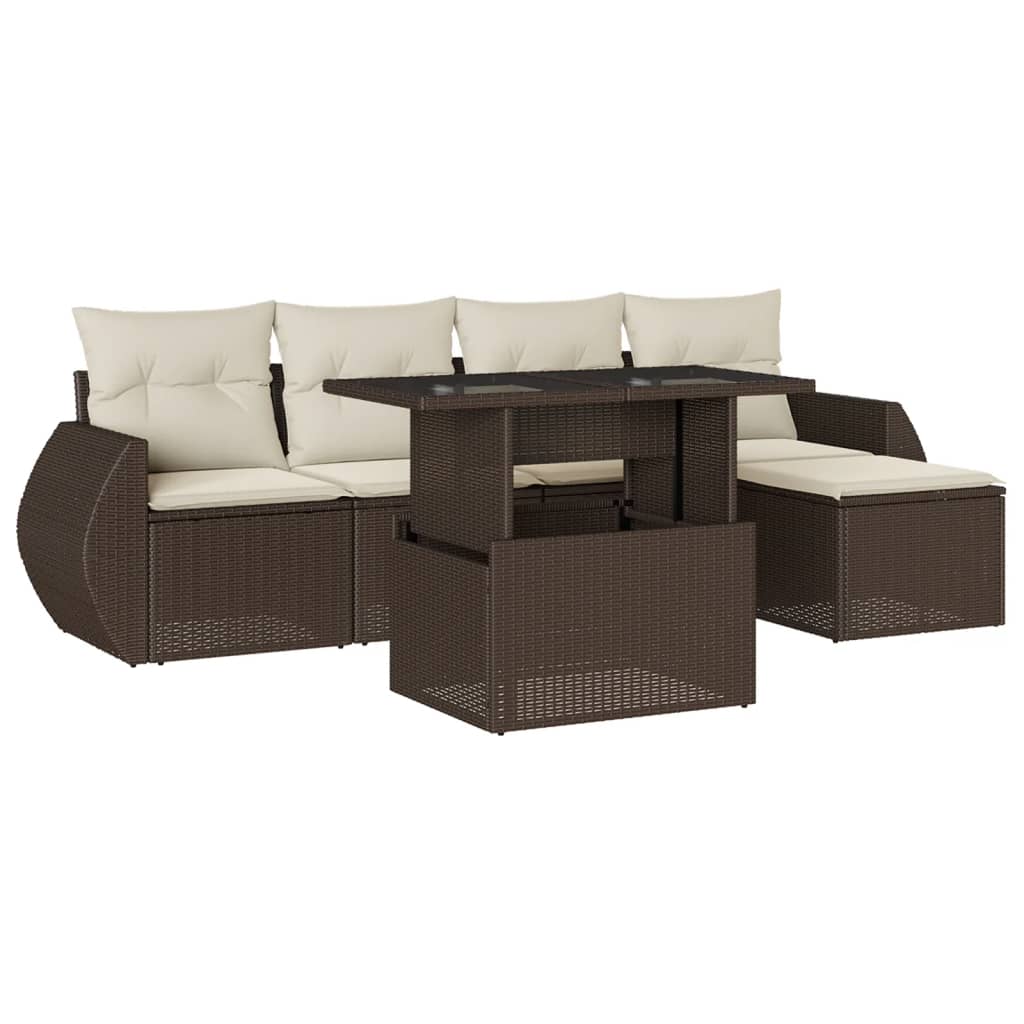 6-delige Loungeset met kussens poly rattan bruin