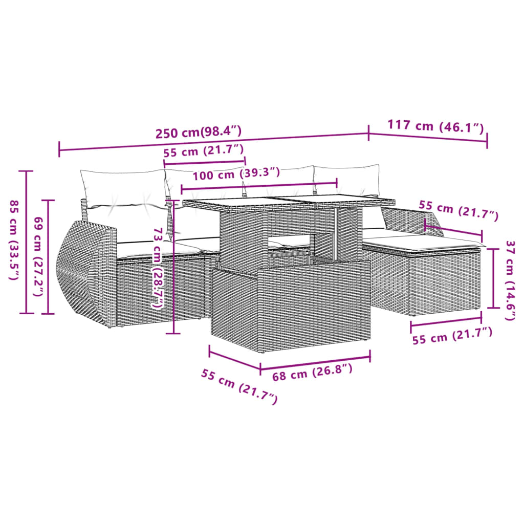 6-delige Loungeset met kussens poly rattan bruin