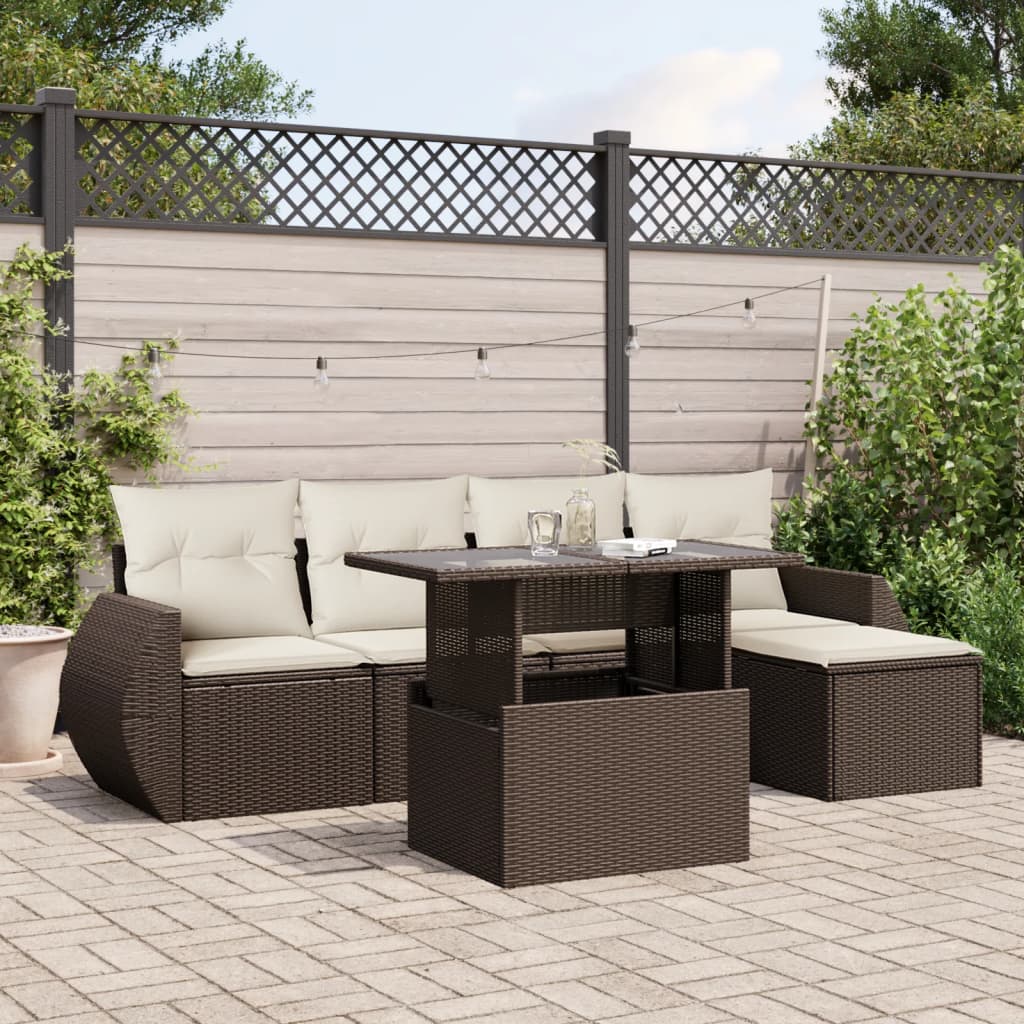 6-delige Loungeset met kussens poly rattan bruin