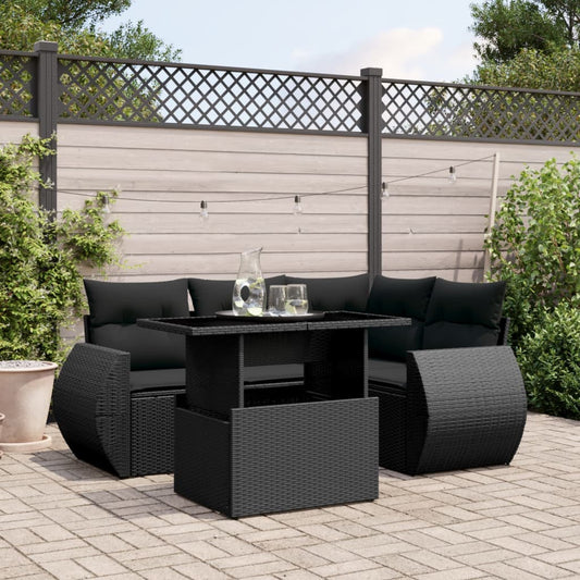 5-delige Loungeset met kussens poly rattan zwart