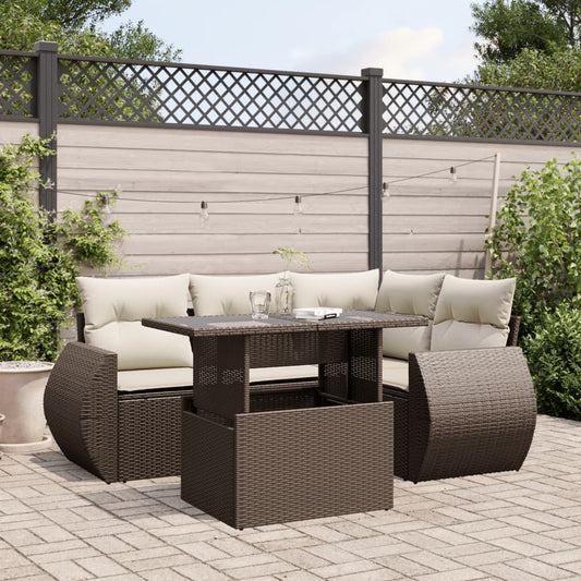 5-delige Loungeset met kussens poly rattan bruin