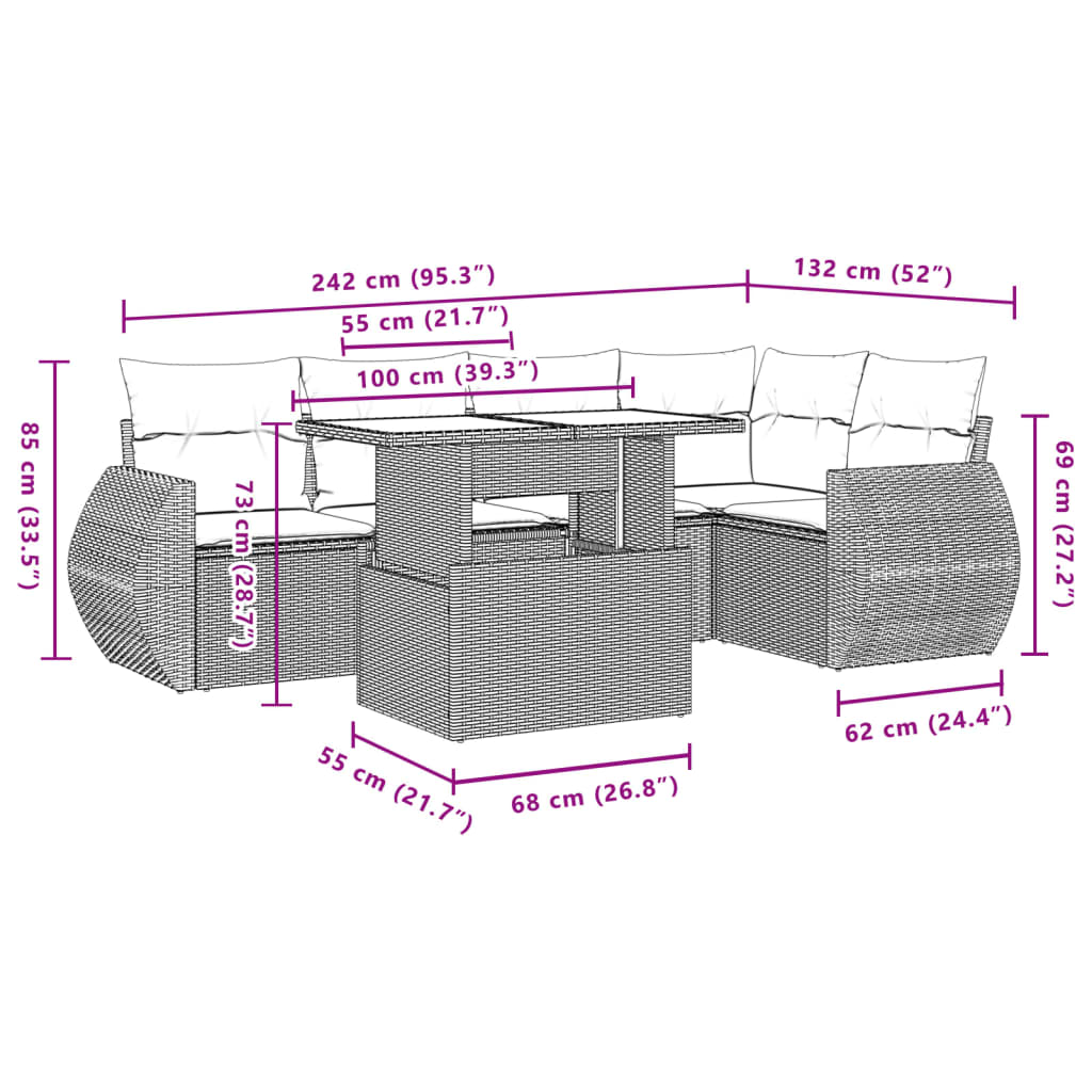 6-delige Loungeset met kussens poly rattan lichtgrijs