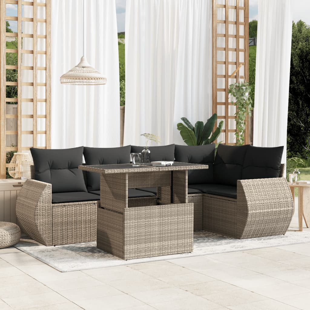 6-delige Loungeset met kussens poly rattan lichtgrijs