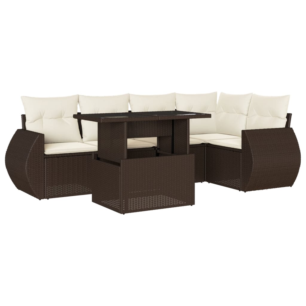 6-delige Loungeset met kussens poly rattan bruin