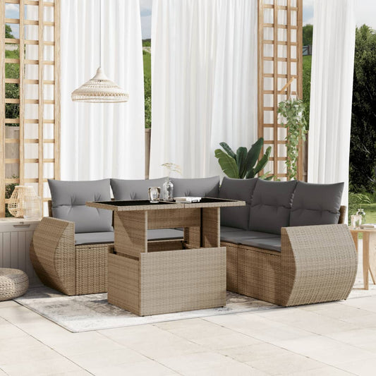 6-delige Loungeset met kussens poly rattan beige