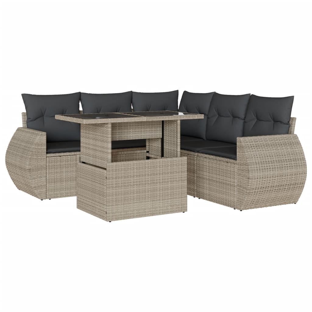 6-delige Loungeset met kussens poly rattan lichtgrijs