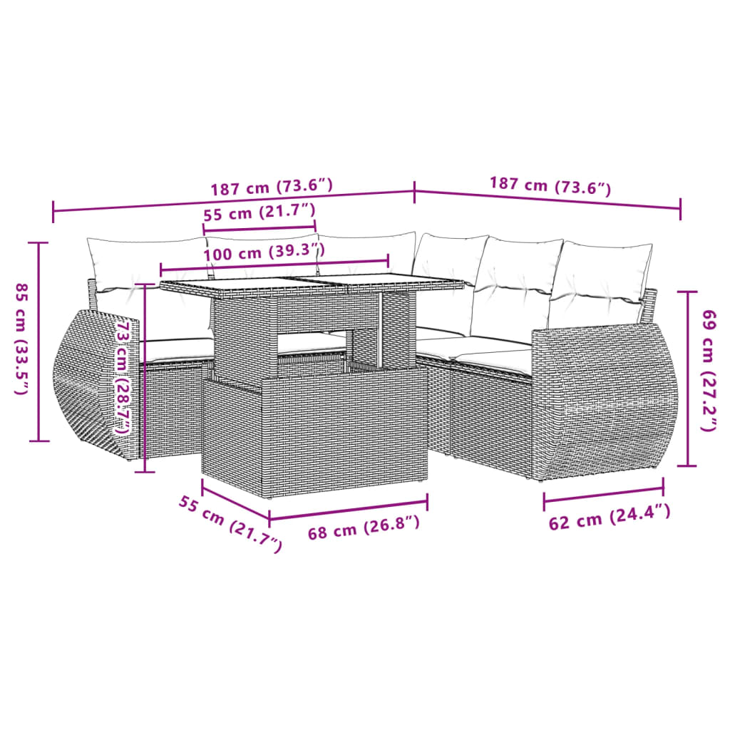 6-delige Loungeset met kussens poly rattan lichtgrijs