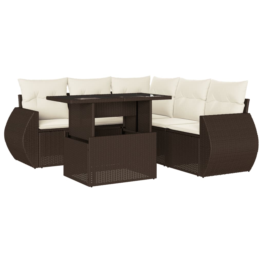 6-delige Loungeset met kussens poly rattan bruin