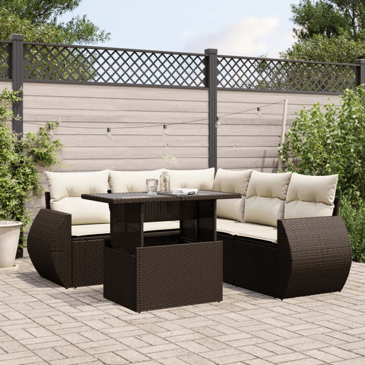 6-delige Loungeset met kussens poly rattan bruin