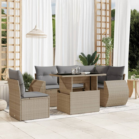 6-delige Loungeset met kussens poly rattan beige