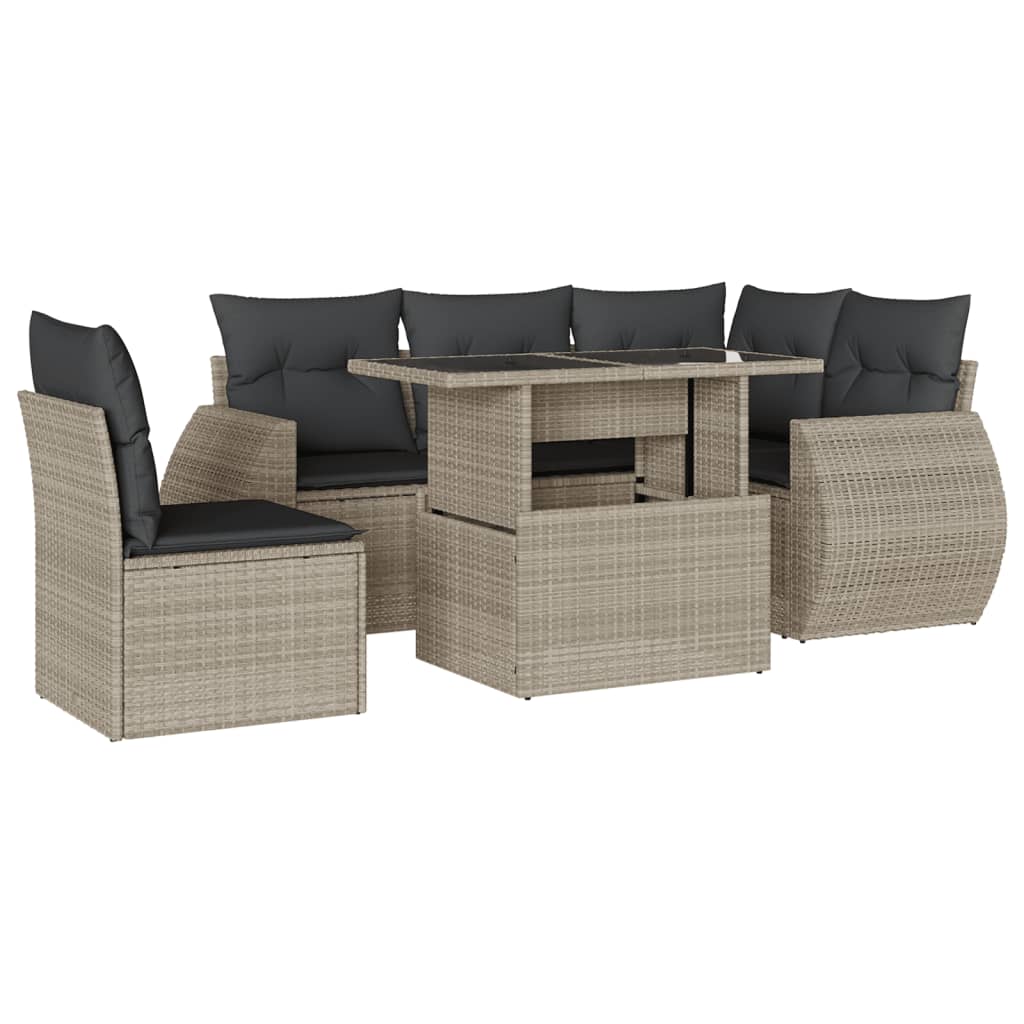 6-delige Loungeset met kussens poly rattan lichtgrijs