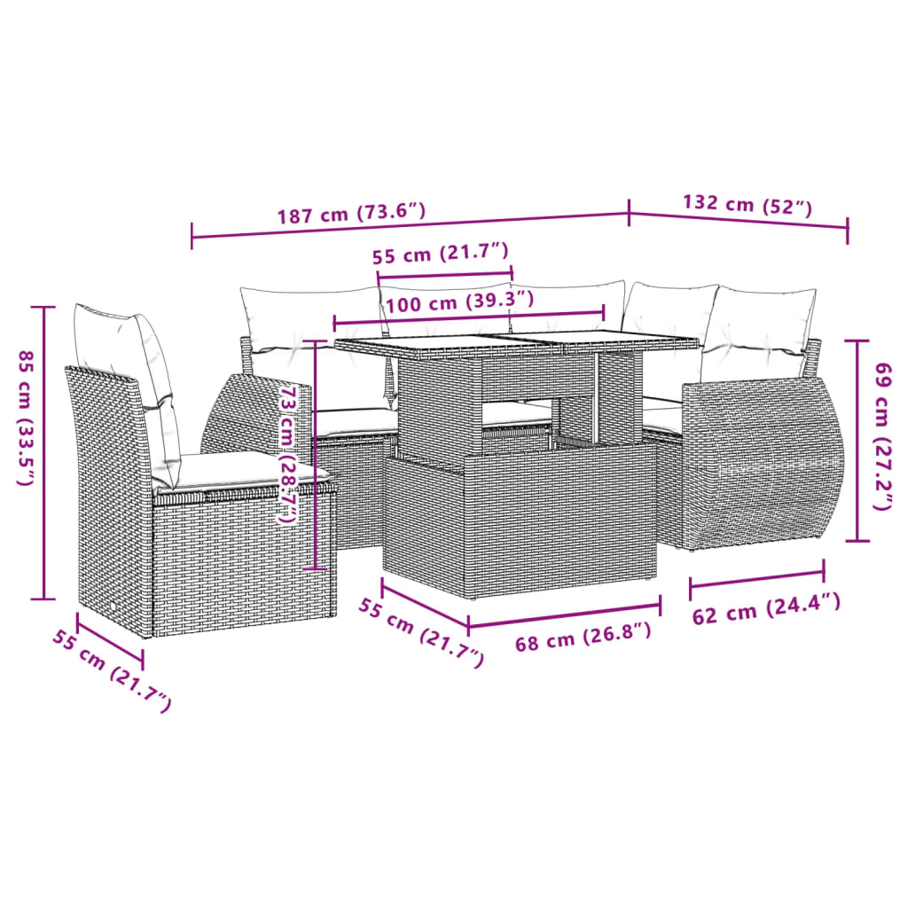 6-delige Loungeset met kussens poly rattan lichtgrijs