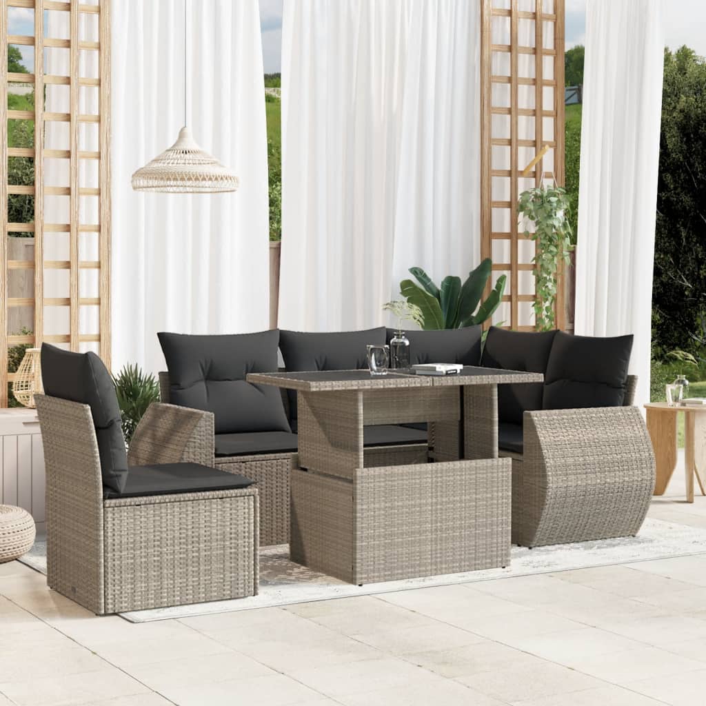 6-delige Loungeset met kussens poly rattan lichtgrijs