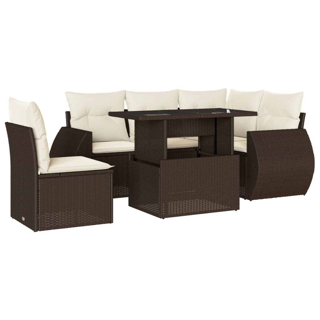 6-delige Loungeset met kussens poly rattan bruin