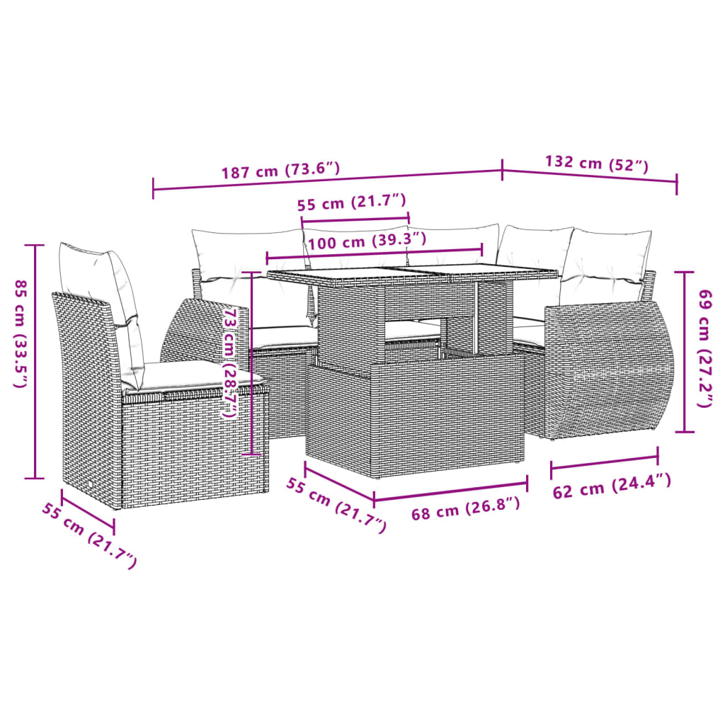 6-delige Loungeset met kussens poly rattan bruin