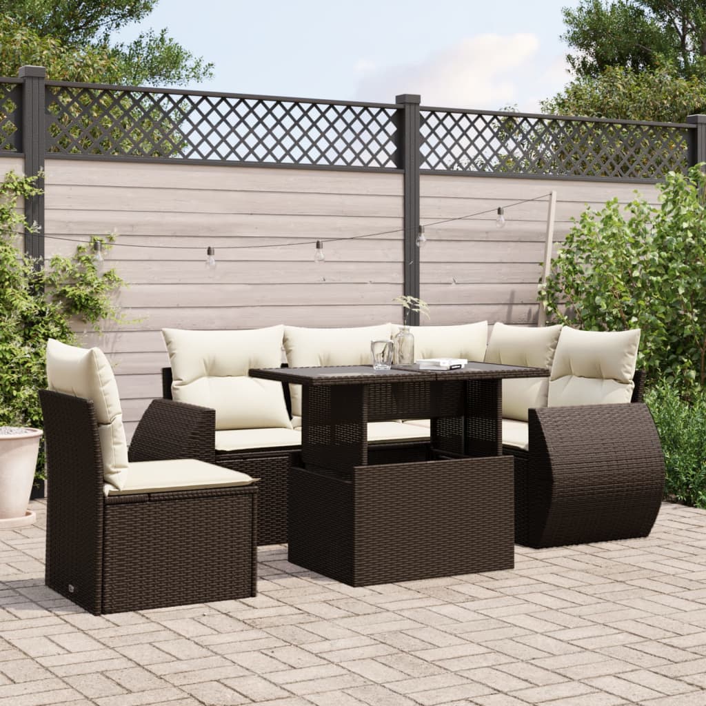 6-delige Loungeset met kussens poly rattan bruin