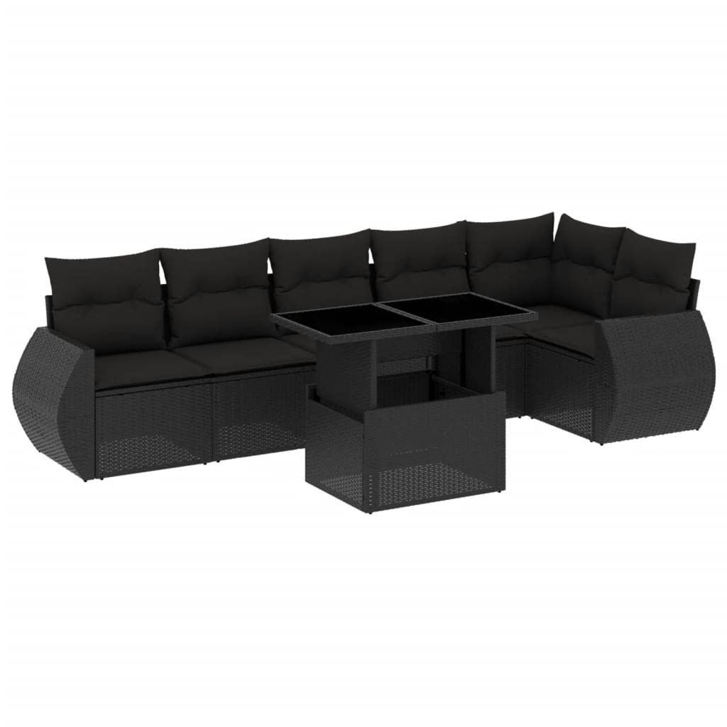 7-delige Loungeset met kussens poly rattan zwart