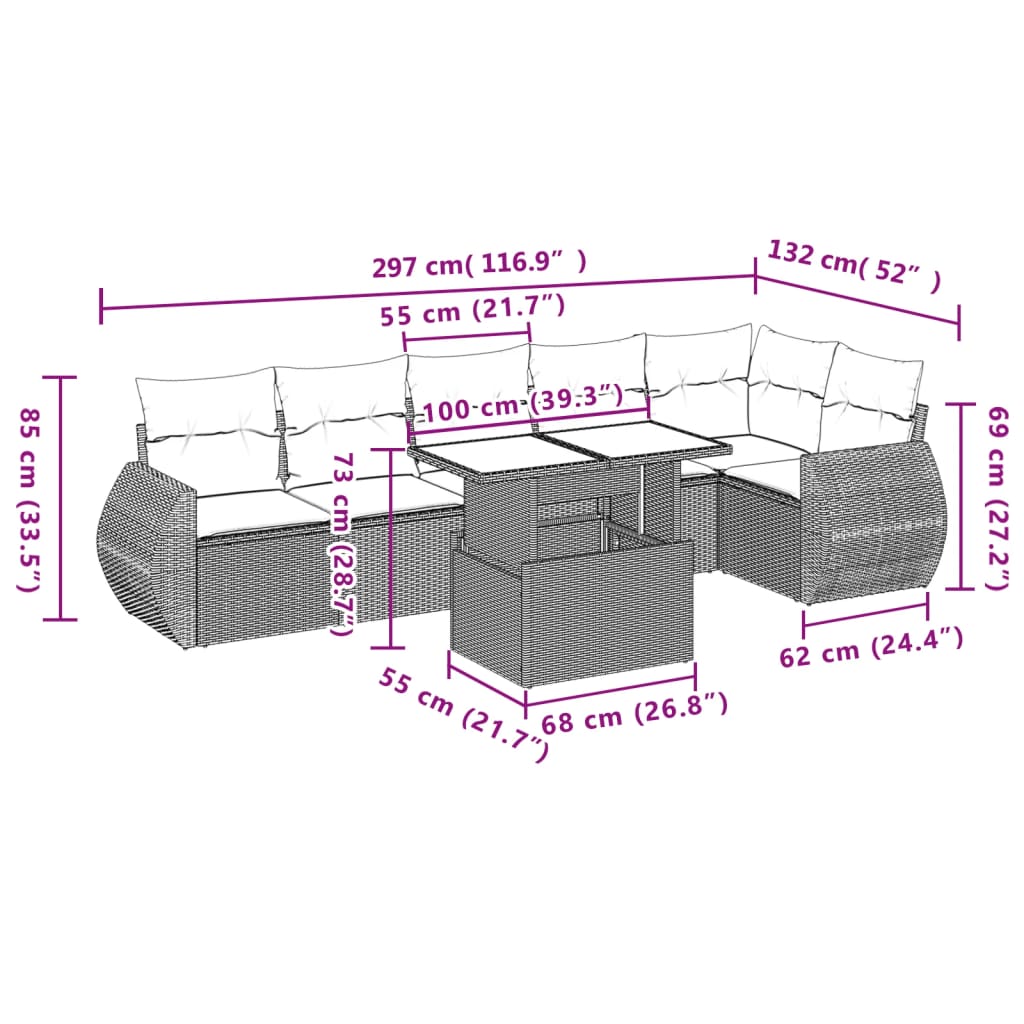 7-delige Loungeset met kussens poly rattan zwart