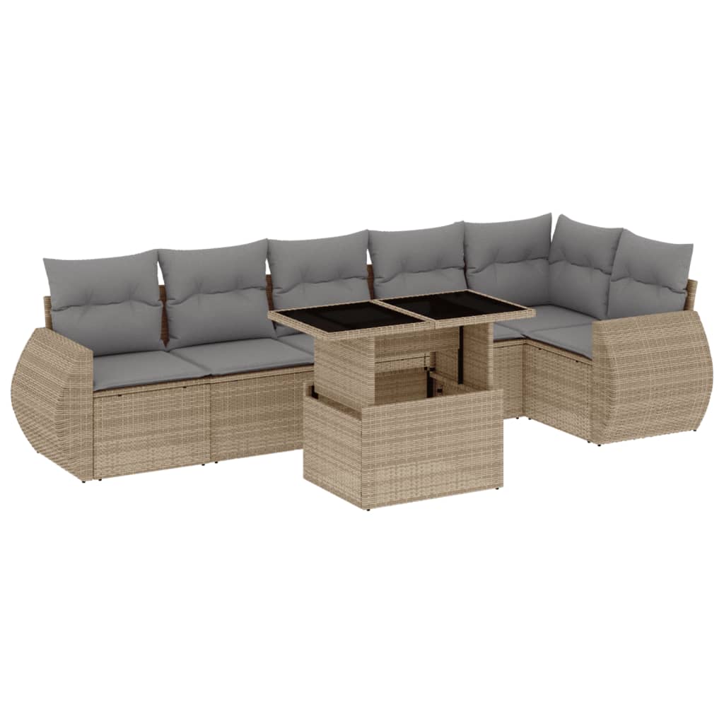 7-delige Loungeset met kussens poly rattan beige