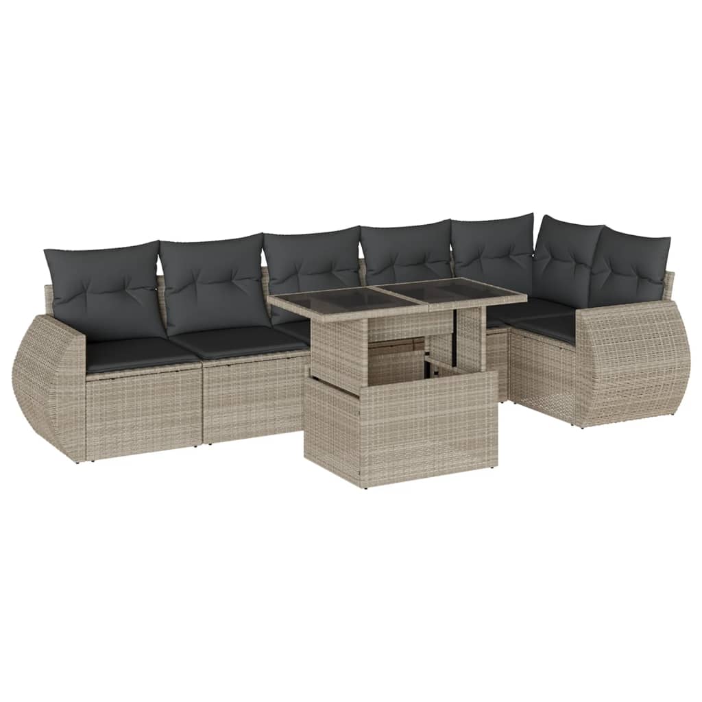 7-delige Loungeset met kussens poly rattan lichtgrijs