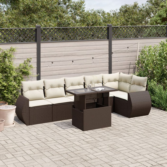 7-delige Loungeset met kussens poly rattan bruin