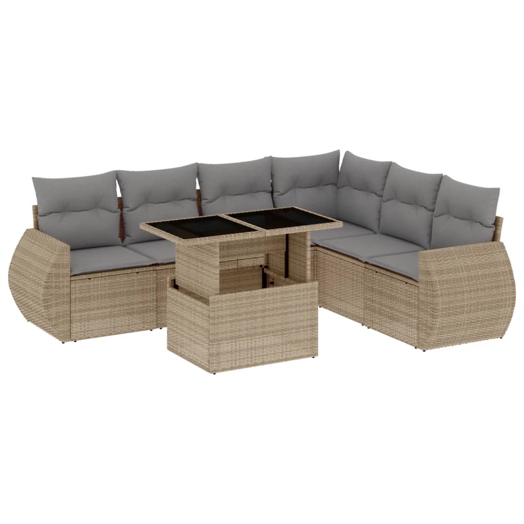 7-delige Loungeset met kussens poly rattan beige