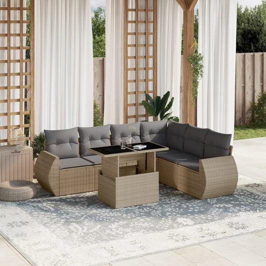 7-delige Loungeset met kussens poly rattan beige