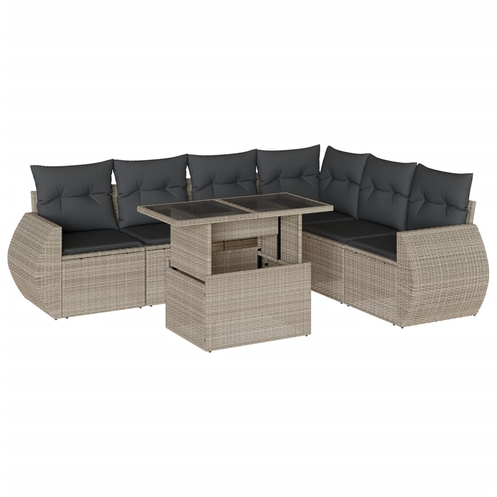 7-delige Loungeset met kussens poly rattan lichtgrijs