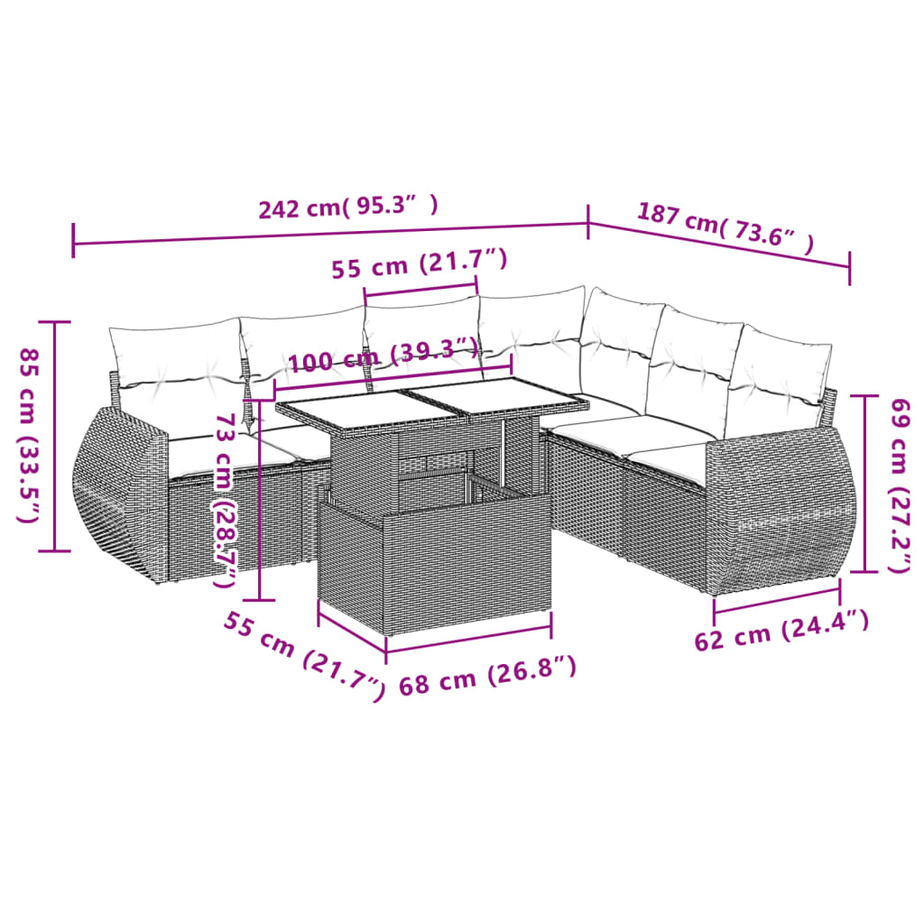 7-delige Loungeset met kussens poly rattan lichtgrijs