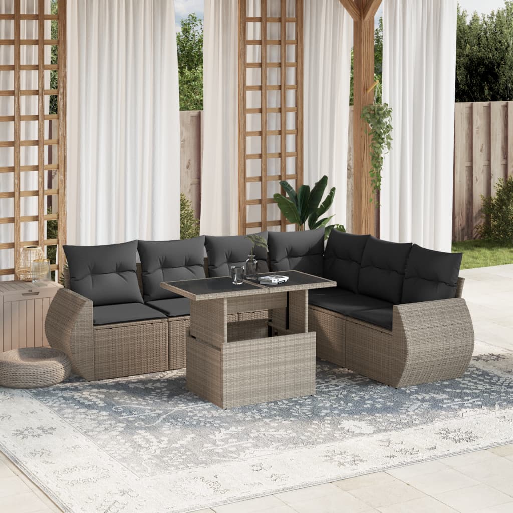 7-delige Loungeset met kussens poly rattan lichtgrijs