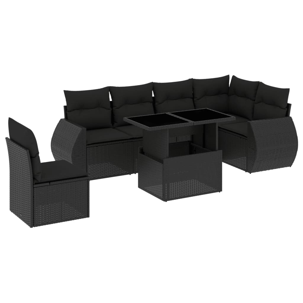 7-delige Loungeset met kussens poly rattan zwart