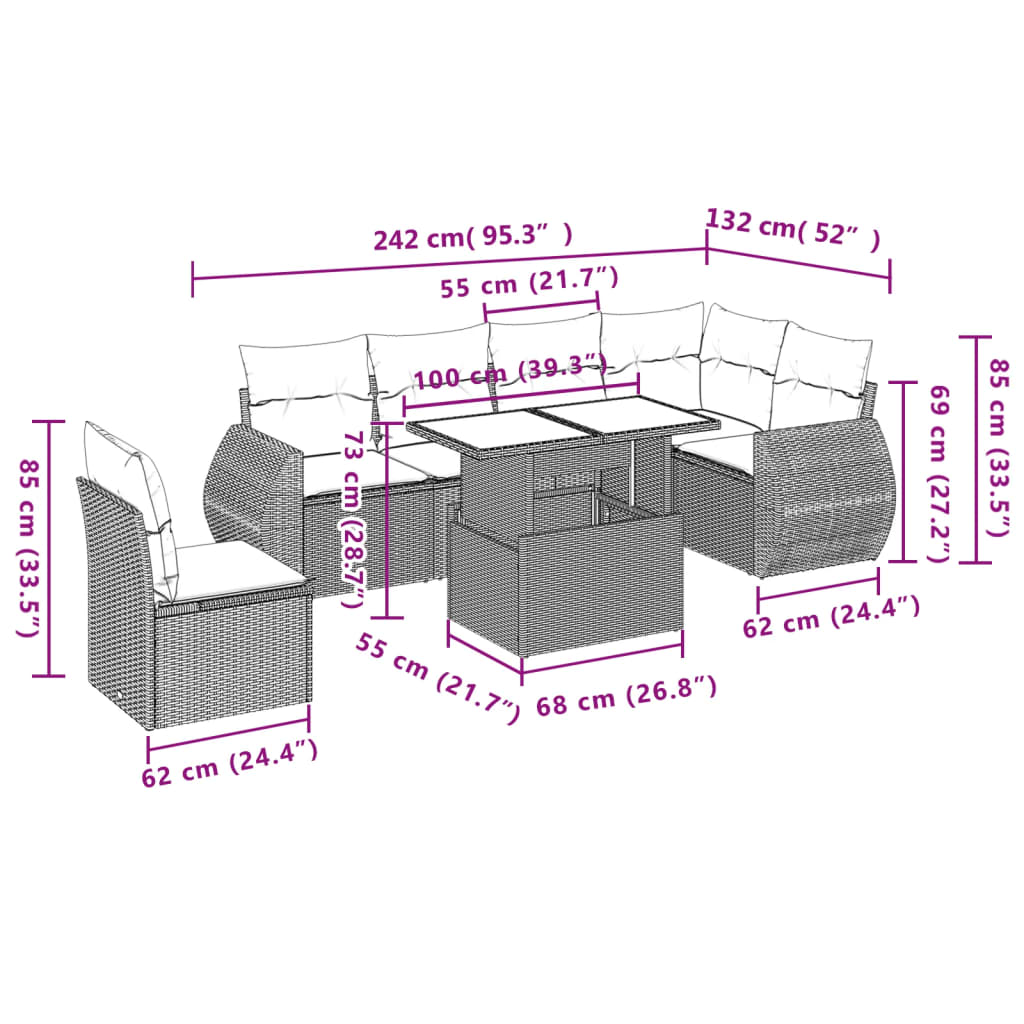 7-delige Loungeset met kussens poly rattan zwart