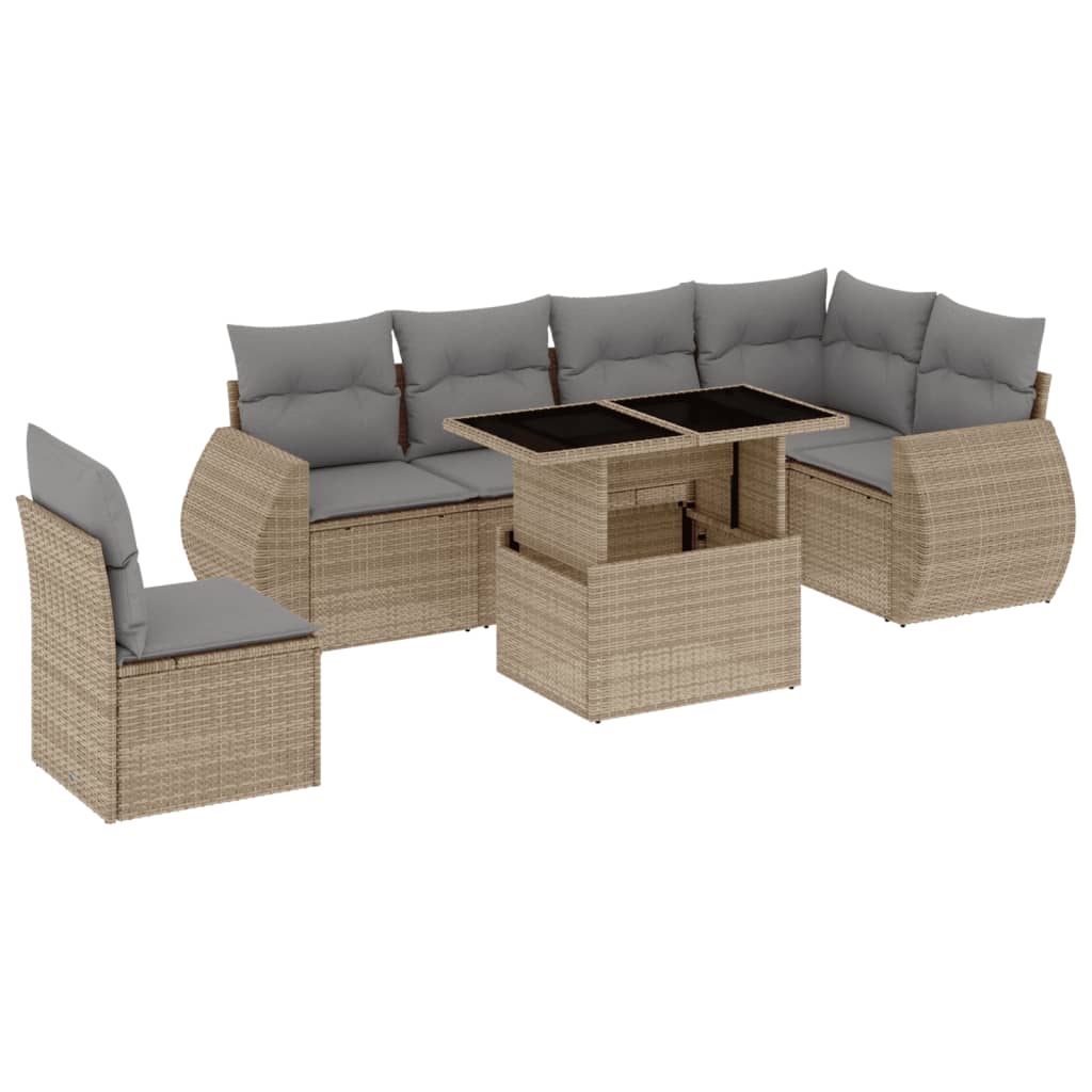 7-delige Loungeset met kussens poly rattan beige