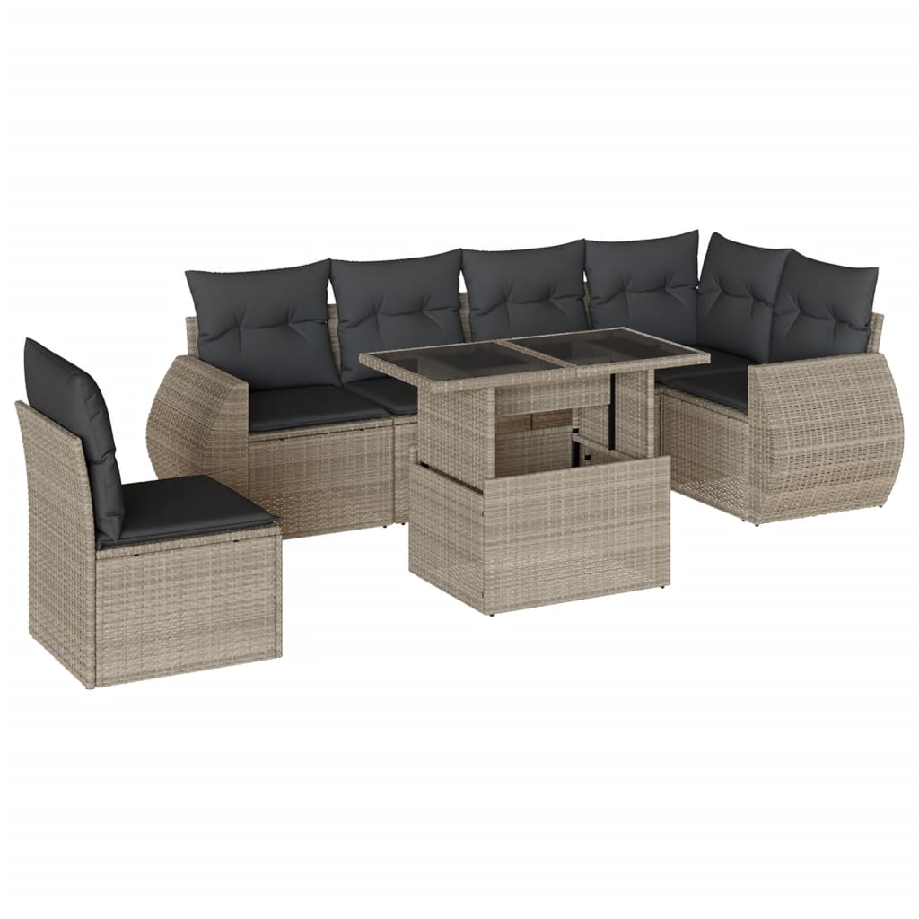 7-delige Loungeset met kussens poly rattan lichtgrijs