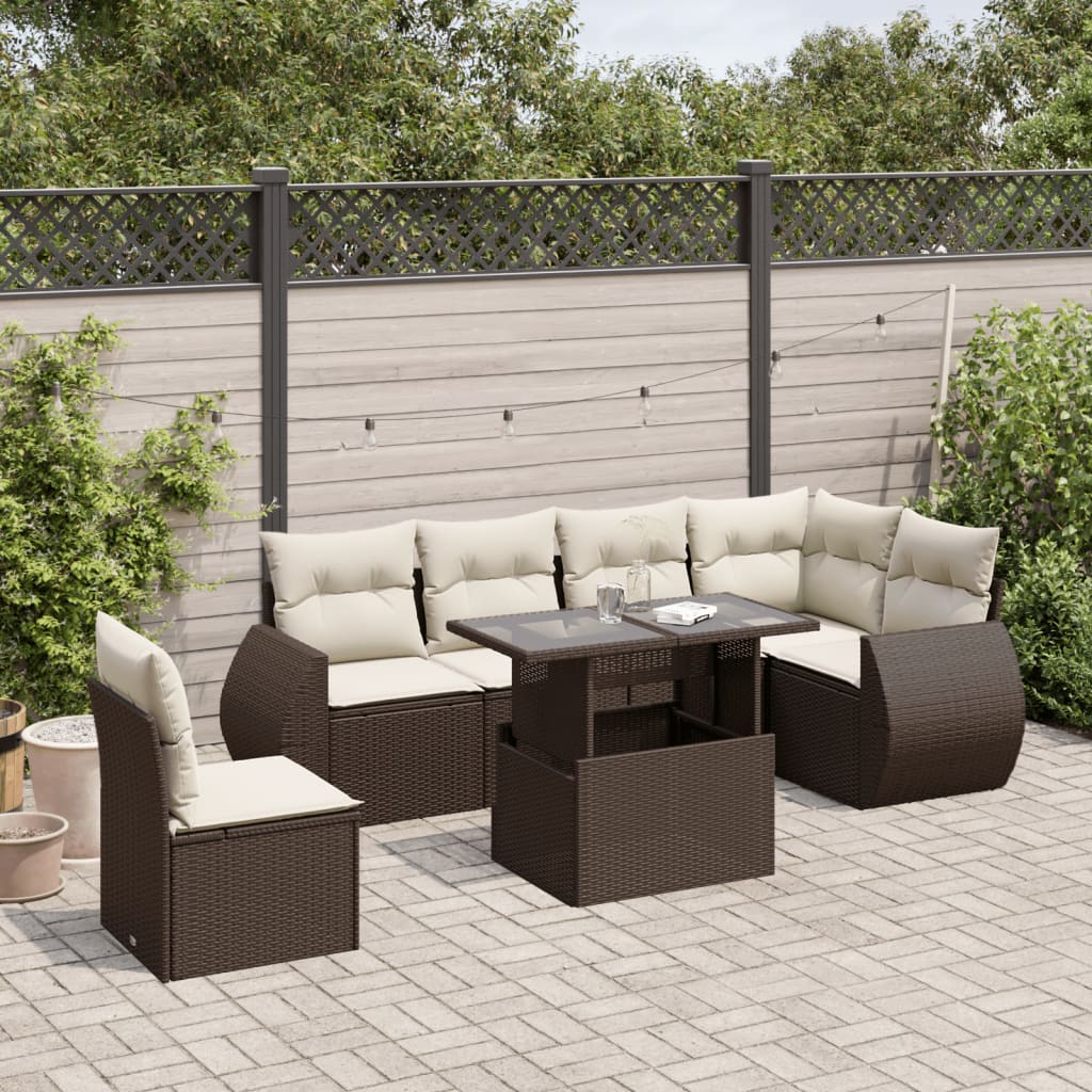 7-delige Loungeset met kussens poly rattan bruin