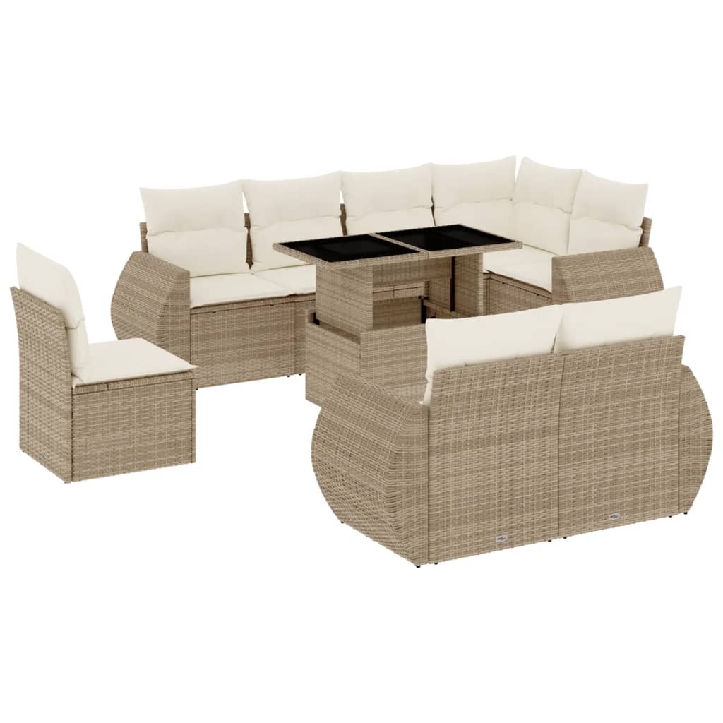 9-delige Loungeset met kussens poly rattan beige