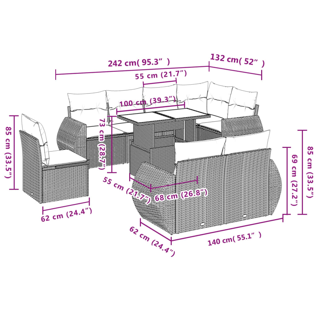 9-delige Loungeset met kussens poly rattan beige