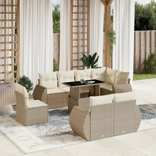 9-delige Loungeset met kussens poly rattan beige