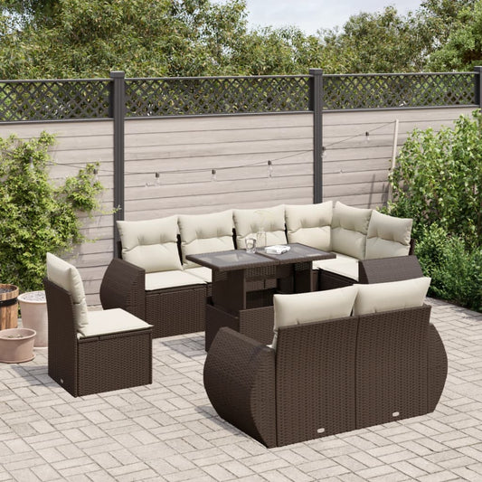 9-delige Loungeset met kussens poly rattan bruin