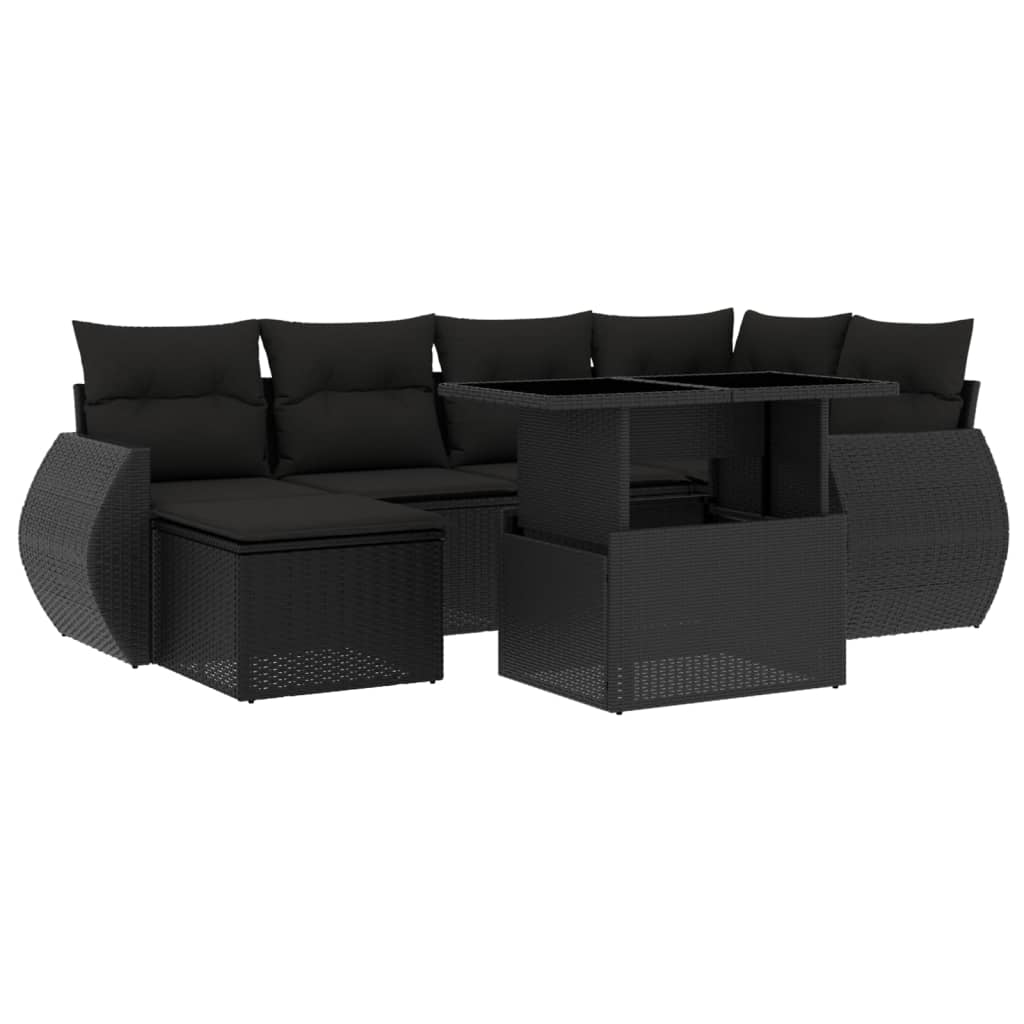 7-delige Loungeset met kussens poly rattan zwart