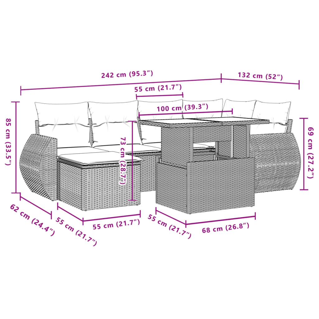 7-delige Loungeset met kussens poly rattan zwart