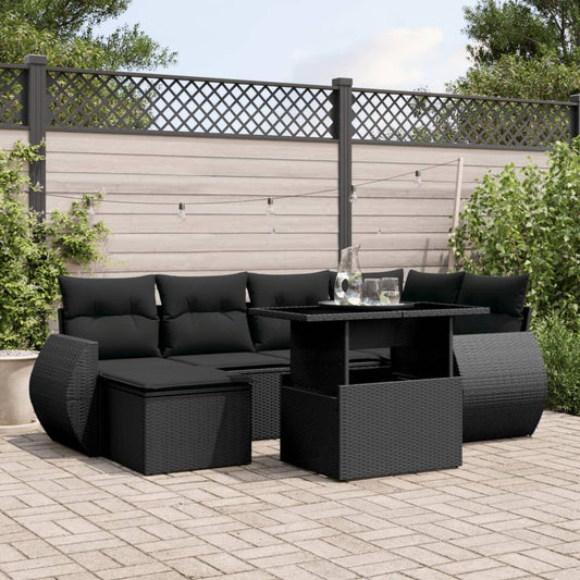 7-delige Loungeset met kussens poly rattan zwart