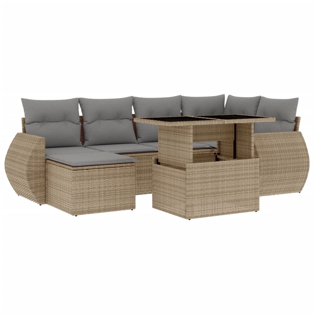 7-delige Loungeset met kussens poly rattan beige