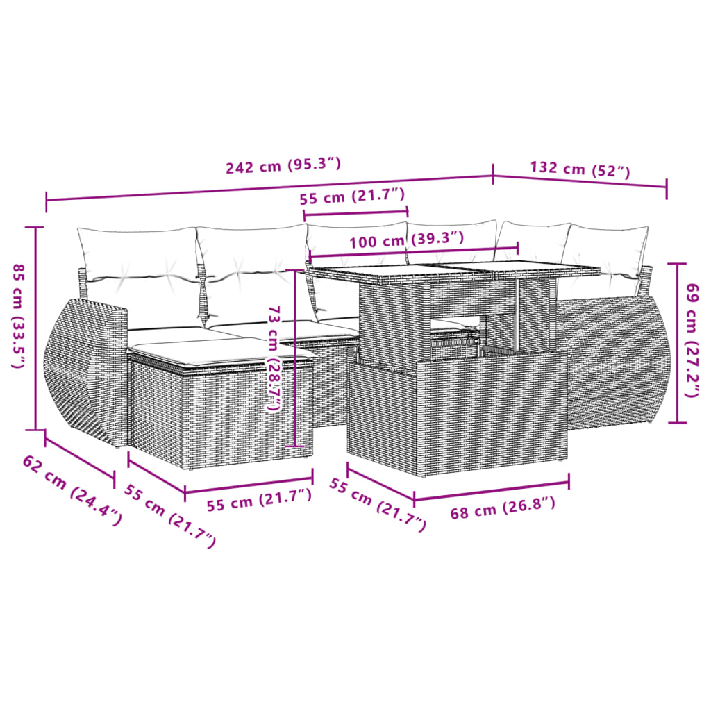 7-delige Loungeset met kussens poly rattan beige